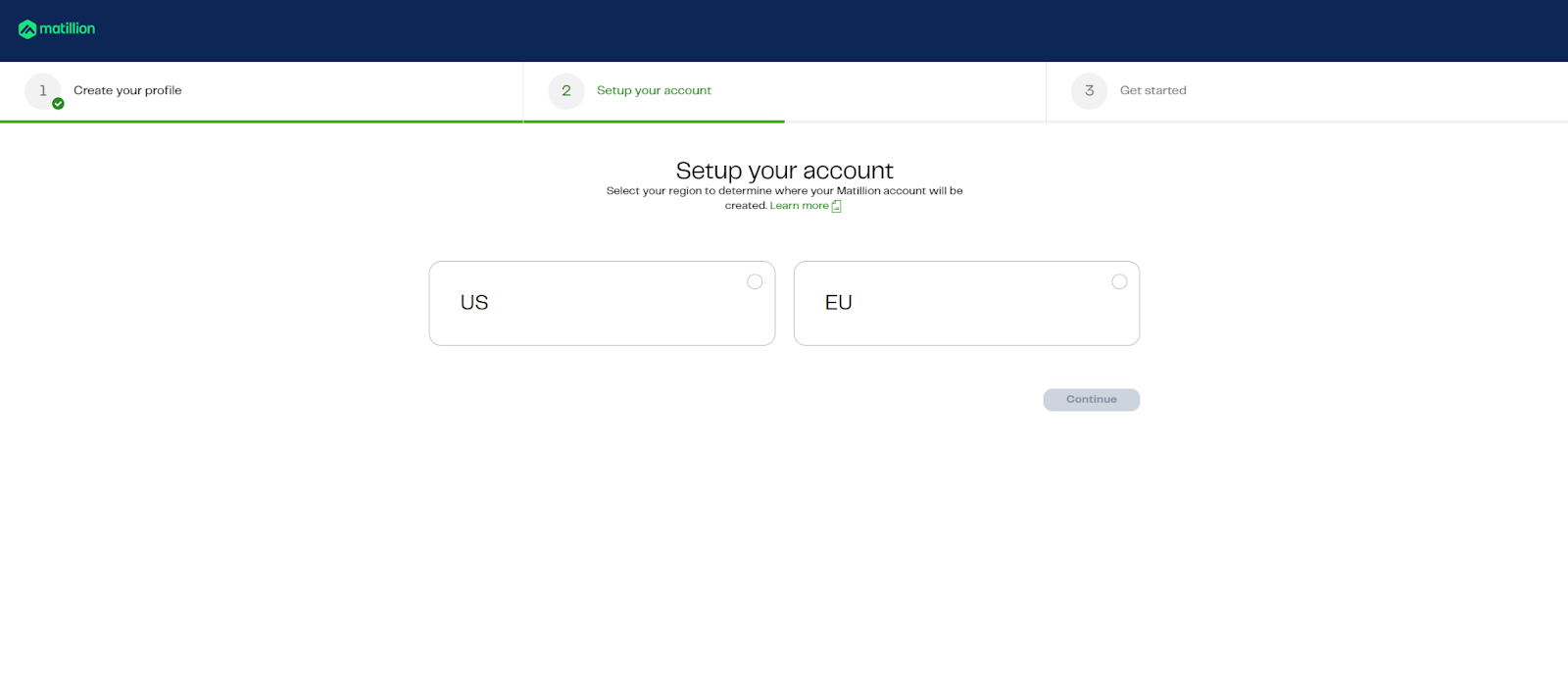 Matillion sign up - Select region
